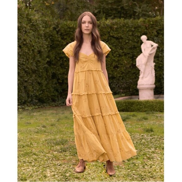💕THE GREAT💕 The Tea Dress ~ Misted Yellow with Daisy Bouquet Embroidery L NWT - Picture 1 of 16